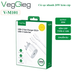 Bộ Củ sạc nhanh 20W kèm cáp 2 đầu type C dài 1.2M Veggieg V-M101