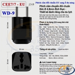 Phích Cắm Chuyển Đổi 2 Chân EU Schuko Sang Ổ Cắm Đa Năng WD-9 2500W