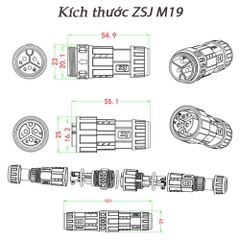 Đầu cút nối dây điện chống nước chuẩn IP68 chính hãng ZSJ M19 2 lõi, 3 lõi, 4 lõi, 5 lõi