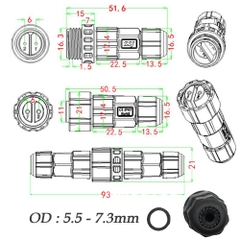 Đầu cút nối điện chống nước chuẩn IP68 chính hãng ZSJ - M16 2 lõi, 3 lõi, 4 lõi