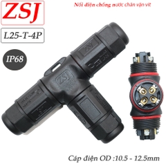 Đầu nối chia dây điện chống nước 1 ra 2 chữ T chuẩn Ip68 hãng ZSJ L25-T 2 lõi, 3 lõi, 4 lõi, 5 lõi