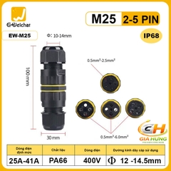 Đầu Cút Nối Dây Điện Chống Nước IP68 Eweichat EW-M25 Cho Dây 2–5 Lõi Ø10mm
