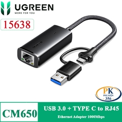 Ugreen 15638 USB và type C to lan RJ45 1000Mbps Ethernet Adapter CM650 2 trong 1