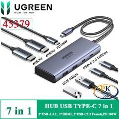 Ugreen 45379 Hub USB-C 7 in 1 USB type-C to 2 HDMI 4K@60Hz, 2 USB 3.0, 2 USB-C, DP100W