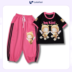 Bộ Thun Bé Gái, Bộ Cotton Bé Gái Áo Tay Ngắn Quần Ngố Dây Dệt Bé Ong Be Kind Hoa Cúc, 13kg Đến 36kg, Lolafasi Shop