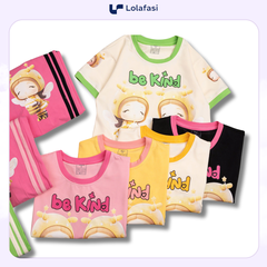 Bộ Thun Bé Gái, Bộ Cotton Bé Gái Áo Tay Ngắn Quần Ngố Dây Dệt Bé Ong Be Kind Hoa Cúc, 13kg Đến 36kg, Lolafasi Shop