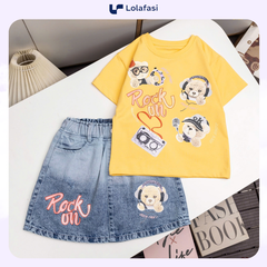 Set Váy Bé Gái, Bộ váy Jean phối Áo thun in hình Gấu đeo tai nghe Rock On 13kg - 24kg, Lolafasi Shop