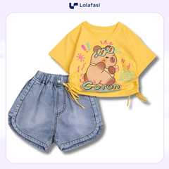 Bộ Capy Bara Bé Gái - Quần Sọt Jean Phố Áo Lai Rút In Hình Capy Bara Bé Gái Từ 13kg - 24kg, Lolafasi Shop