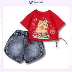 Bộ Capy Bara Bé Gái - Quần Sọt Jean Phố Áo Lai Rút In Hình Capy Bara Bé Gái Từ 13kg - 24kg, Lolafasi Shop