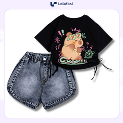 Bộ Capy Bara Bé Gái - Quần Sọt Jean Phố Áo Lai Rút In Hình Capy Bara Bé Gái Từ 13kg - 24kg, Lolafasi Shop