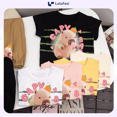 Set Bé gái, Quần Hip hop áo thun cotton in hình Capy Bara My Love 13kg đến 24kg, Lolafasi Shop