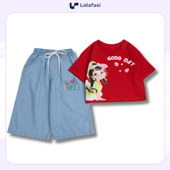 Bộ quần jean ngố bé gái, Áo thun cotton in hình cô gái tết tóc Good Day So Cute từ 9kg đến 24kg, Lolafasi Shop