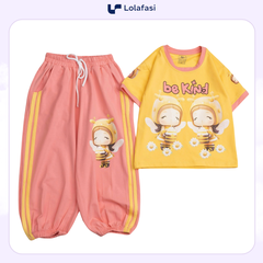 Bộ Thun Bé Gái, Bộ Cotton Bé Gái Áo Tay Ngắn Quần Ngố Dây Dệt Bé Ong Be Kind Hoa Cúc, 13kg Đến 36kg, Lolafasi Shop