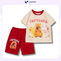 Bộ Capybara, Bộ Quần Ngố, Áo In Hình 3 Capy Bara Phối Viền Màu Ở Cổ Áo Cho Bé Gái 13kg Đến 24kg, Lolafasi Shop