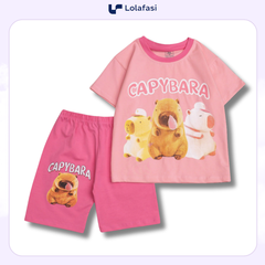 Bộ Capybara, Bộ Quần Ngố, Áo In Hình 3 Capy Bara Phối Viền Màu Ở Cổ Áo Cho Bé Gái 13kg Đến 24kg, Lolafasi Shop