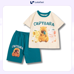 Bộ Capybara, Bộ Quần Ngố, Áo In Hình 3 Capy Bara Phối Viền Màu Ở Cổ Áo Cho Bé Gái 13kg Đến 24kg, Lolafasi Shop