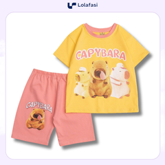 Bộ Capybara, Bộ Quần Ngố, Áo In Hình 3 Capy Bara Phối Viền Màu Ở Cổ Áo Cho Bé Gái 13kg Đến 24kg, Lolafasi Shop