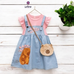 9kg- 36kg Đầm Capybara yếm Jean phối Áo thun Capybara kèm túi dễ thương