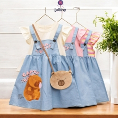 9kg- 36kg Đầm Capybara yếm Jean phối Áo thun Capybara kèm túi dễ thương