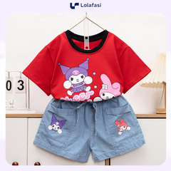 Bộ Đồ Thun Bé Gái, Bộ Quần Áo Thun Cotton Sọt Jean In Hình Kuromi Melody Cheer Up Cho Bé Gái 7kg Đến 22kg, Lolafasi Shop