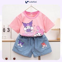 Bộ Đồ Thun Bé Gái, Bộ Quần Áo Thun Cotton Sọt Jean In Hình Kuromi Melody Cheer Up Cho Bé Gái 7kg Đến 22kg, Lolafasi Shop