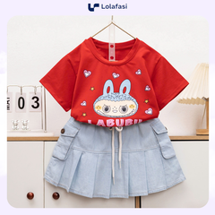 Set Váy Bé gái, Váy Jean Xếp Ly Túi Hộp Phối Áo Thun Cotton In Hình Mặt Labubu Phối Tim Sao 9 Kg Đến 24kg, Lolafasi Shop