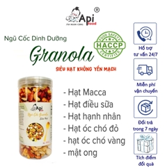 Granola KHÔNG YẾN MẠCH NƯỚNG MẬT Api Food - 20 HẠT MACCA (Macca, Hạnh Nhân, Óc Chó Vàng, Óc Chó Đỏ, Hạt Điều)