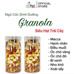 [ COMBO 2 TẶNG 1 ] Ngũ Cốc Granola KHÔNG YẾN MẠCH Api Food - 9 HẠT MACCA - NHO & XOÀI (Macca, Hạnh Nhân, Óc Chó Vàng, Óc Chó Đỏ, Hạt Điều rang muối, Hạt Bí, Nho Khô, Xoài Sấy)