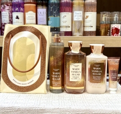 Set 4 Món Bath & Body Works Warm Vanilla Sugar Mỹ – Xịt Thơm, Sữa Tắm, Dưỡng Thể & Kem Dưỡng Da Tay