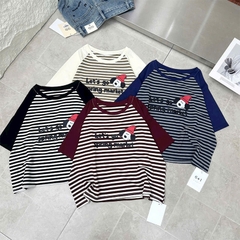 Áo thun QB nữ phối tay phối kẻ sọc form rộng in hình hoạt hình dễ thương phong cách trẻ trung năng động B8