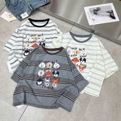 Áo thun QB nữ kẻ sọc in hình thú cưng dễ thương form rộng phong cách đáng yêu trẻ trung B8