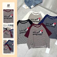 Áo thun QB nữ phối tay phối kẻ sọc form rộng in hình hoạt hình dễ thương phong cách trẻ trung năng động B8