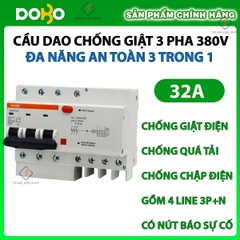 [RCBO 3P 32A] Cầu Dao Chống Giật  RCBO 3 Pha 380V 32A RCBO DOBO KOREA siêu nhạy - 4.5kA 30mA (Aptomat chống giật) DZ47LE-88323P