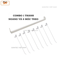 Combo 1 Thanh Ngang Và 8 Móc Treo Cài Kệ Tôn Lỗ – Phụ Kiện Trưng Bày Gắn Kệ Siêu Thị