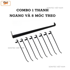 Combo 1 Thanh Ngang Và 8 Móc Treo Cài Kệ Tôn Lỗ – Phụ Kiện Trưng Bày Gắn Kệ Siêu Thị
