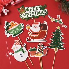 Set 7 que cắm GS ông già Noel trên xe trượt tuyết đỏ + người tuyết + cây thông