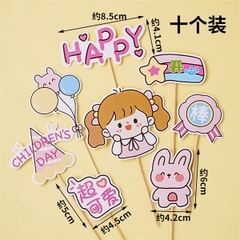 10 Set que cắm bé gái Happy Children's Day hồng + bóng bay (CD)