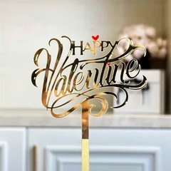 Topper mica Happy Valentine chữ uốn vàng + 2 trái tim đỏ nhỏ