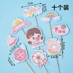 10 Set que cắm bé gái cầm kẹo mút hồng + vòng quay + bánh donut (CD)