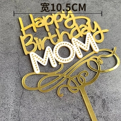Topper mica HPBD MOM chữ trắng + hoa văn uốn