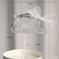 Que cắm GS Merry Christmas chữ bạc + nơ trắng + nơ bạc