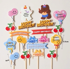 Set 20 que cắm giấy tổng hợp cute + quả anh đào + chữ HPBD (QCG)