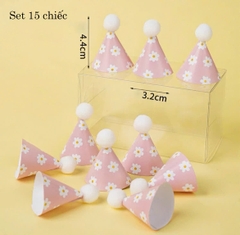 Set 15 chiếc mũ sinh nhật hồng + bông hoa cúc trắng