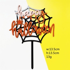 Topper mica Happy Halloween + mạng nhện đen chữ cam