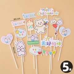 5 Set que cắm gấu nhỏ + thỏ hồng + cờ neo Happy Children's Day (CD)