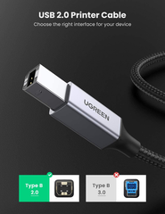 Cáp máy in USB A to USB B Ugreen US369, dài 1m, 2m , 3m , 5m dây dù bọc nhôm cao cấp