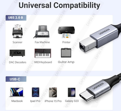 Cáp máy in USB-C to USB-B Ugreen US370 Dài 1M-3M Đầu bọc nhôm dây dù Chính Hãng
