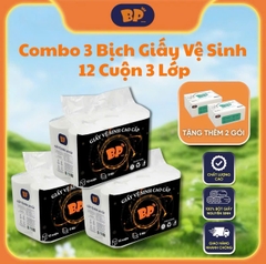 Combo 3 Bịch Giấy Vệ Sinh 12 Cuộn BP TISSUE Tặng 2 Gói Giấy Rút 270 Tờ Chất Liệu Nguyên Sinh An Toàn Thấm Hút Nhanh