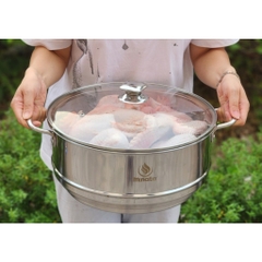 Xửng hấp 3 tầng inox có nắp vung kính MINATA