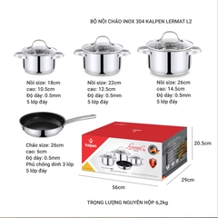 Bộ nồi 4 món inox 304, 5 đáy Kalpen Lermat L2. Nồi size 18-22-26cm và chảo chống dính 26cm